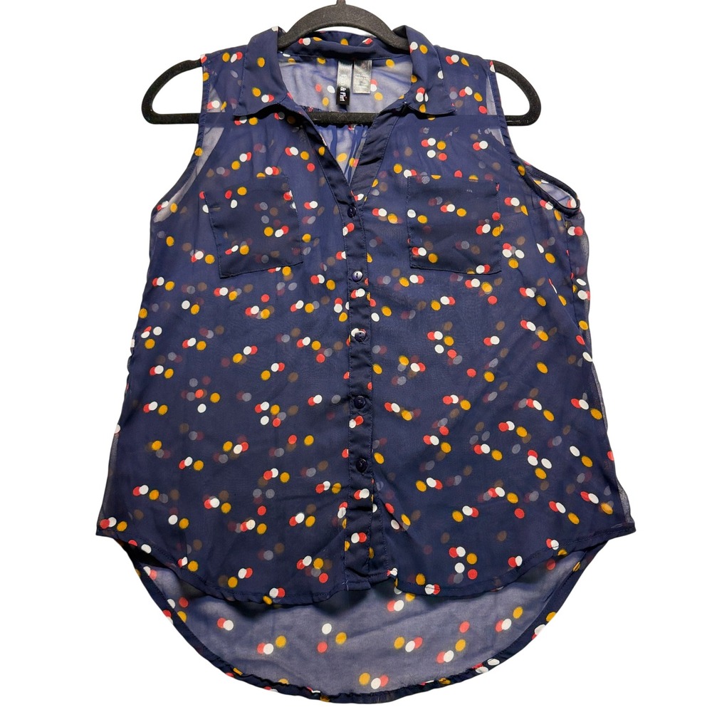 Fun & Flirt Polka Dot Blouse Womens Medium Navy Blue Sheer High Low Button Down
